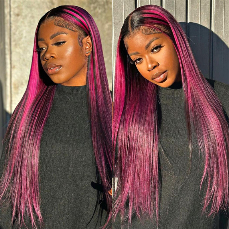 Purple Highlights Straight Wig | 13x4 Transparent Lace Front